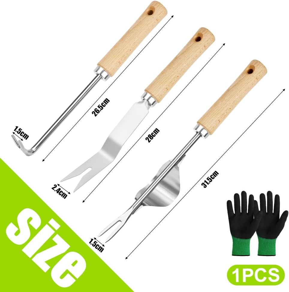 Detalle de Adiwo Estirpatore Erbacce Manuale: set 4 pezzi in acciaio inox e manico in legno per diserbo e trapianto