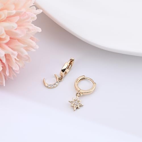 Detalle de 14K Gold Plated Moon and Star Earrings – 925 Sterling Silver Hoop Earrings for Women