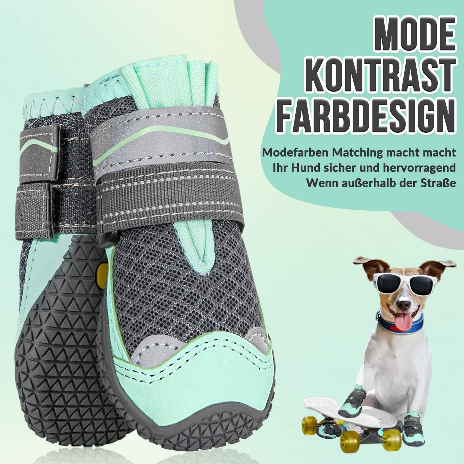 Detalle de Eyein Hundeschuhe Pfotenschutz (2 Stück) atmungsaktiv mit rutschfester Sohle und reflektierendem Klettverschluss – Grün, Größe 1
