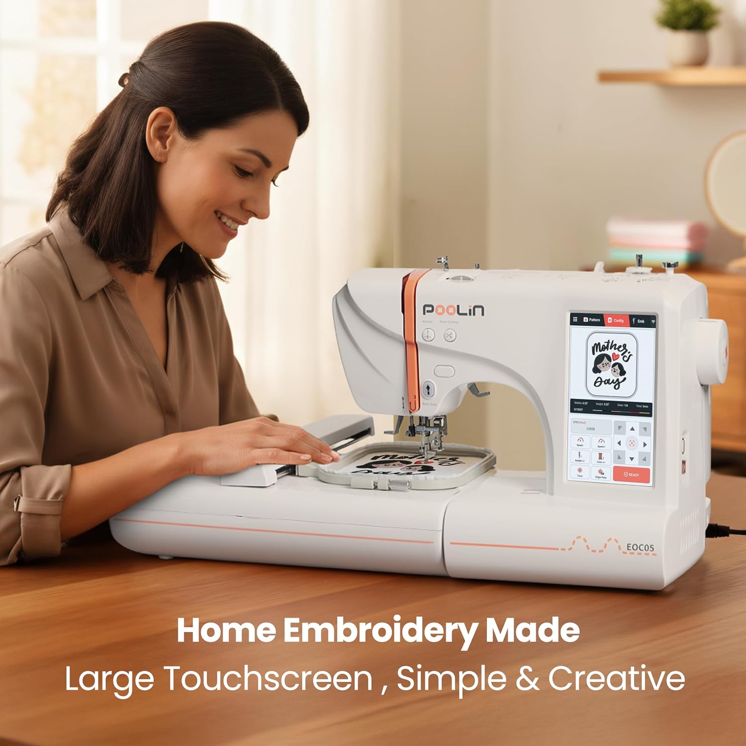 Detalle de Poolin EOC05V2TSTAND-FBA Embroidery Machine with Dual Hoops and 7-Inch Touchscreen