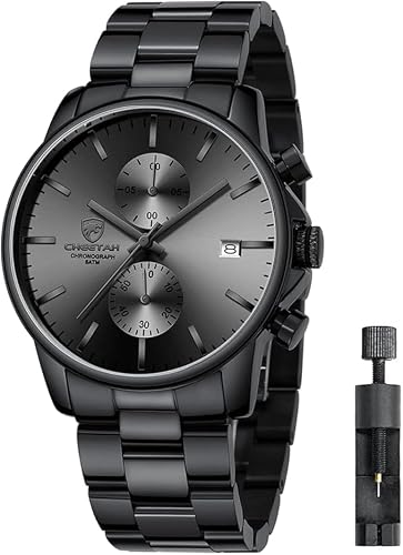Detalle de Affute Orologio da uomo in acciaio inox e metallo — Cronografo al quarzo, impermeabile 3 ATM, stile casual