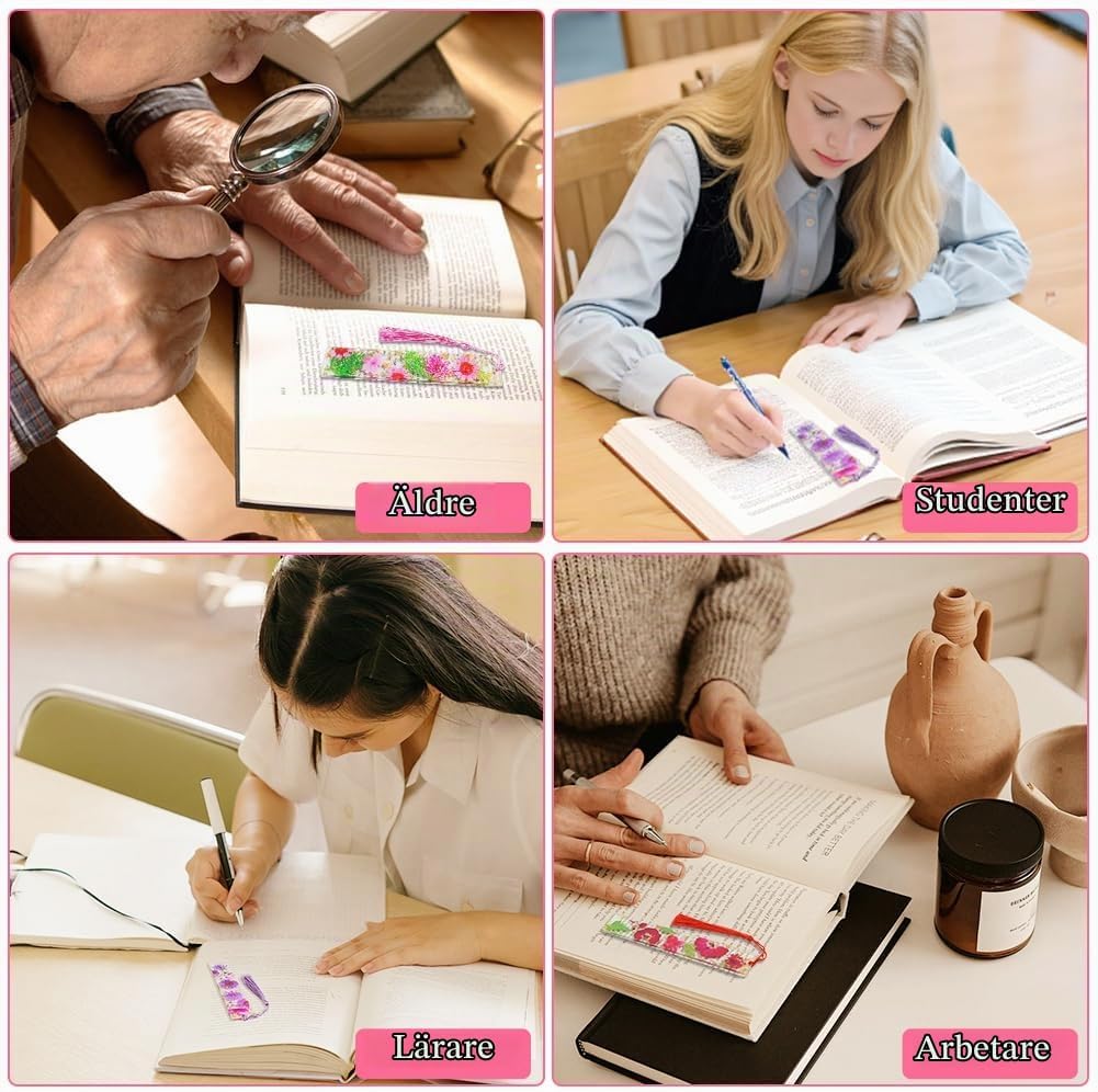 Thumbnail 4 de AUAUY 5571902 bokmärken i konstharts med blomtryck och tofsar, 3-pack
