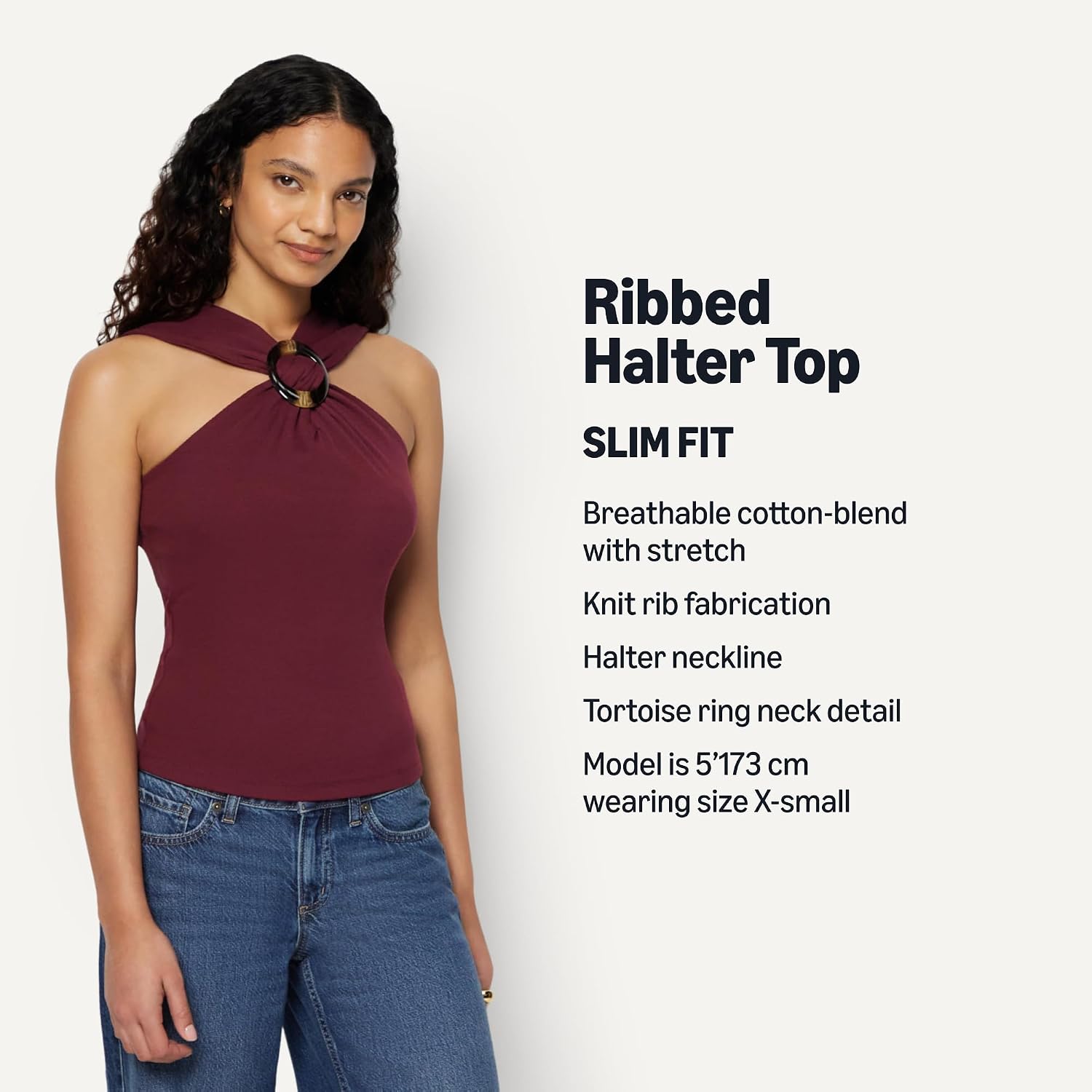 Detalle de Amazon Essentials Women's Slim-Fit Ribbed Halter Neck Top with Resin Detail