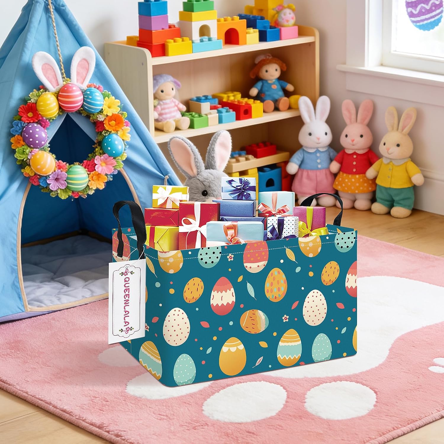 Thumbnail 4 de QUEENLALA Rectangular Collapsible Laundry Basket, Blue Easter Egg Print