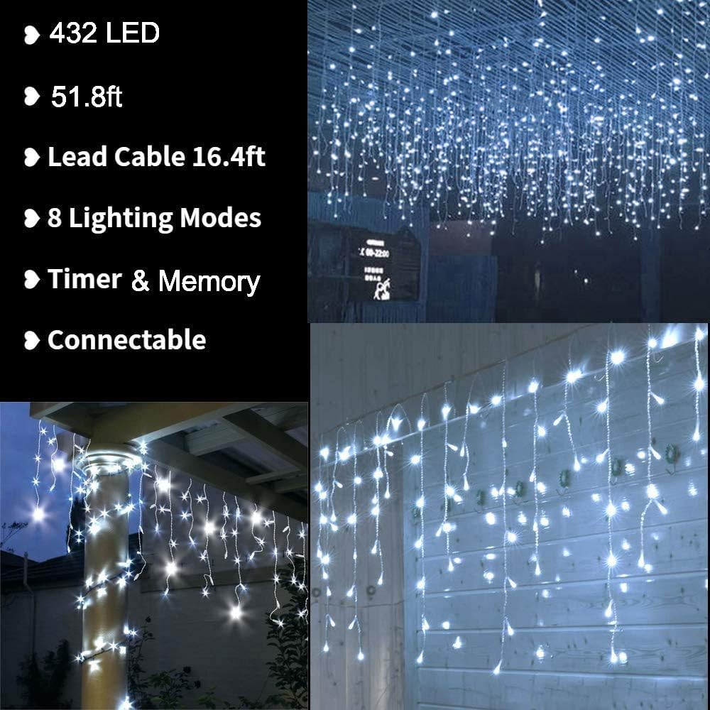 Thumbnail 1 de LYHOPE 432-LED Icicle Christmas Lights, 35.4ft, 8 Modes, White