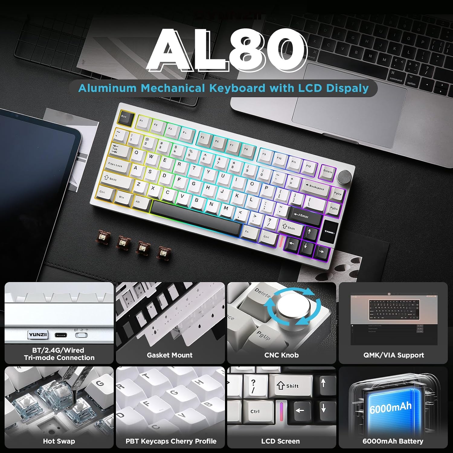 Thumbnail 1 de YUNZII AL80 Wireless Mechanical Keyboard: 75% Aluminum, Gasket Mount, LCD Display, and Knob with Tri-Mode Connectivity