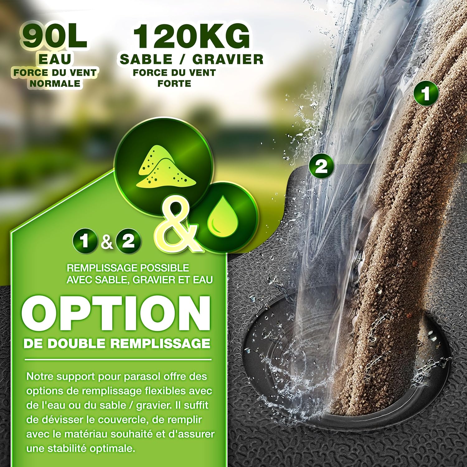 Thumbnail 2 de tillvex Lestage & Dalles Carrées pour Parasol Déporté – Base à remplir 90 L d’eau / 120 kg de sable, 4 pièces