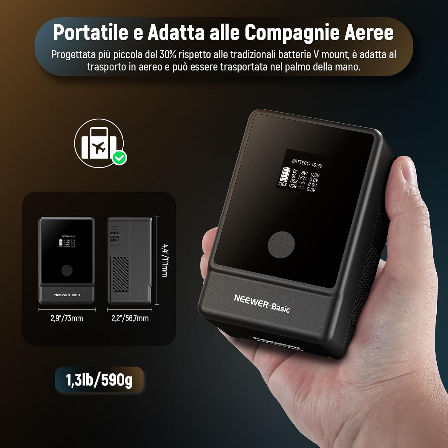 Detalle de NEEWER BASICS PS099E Batteria V Mount mini con display OLED e ricarica USB-C PD 65W