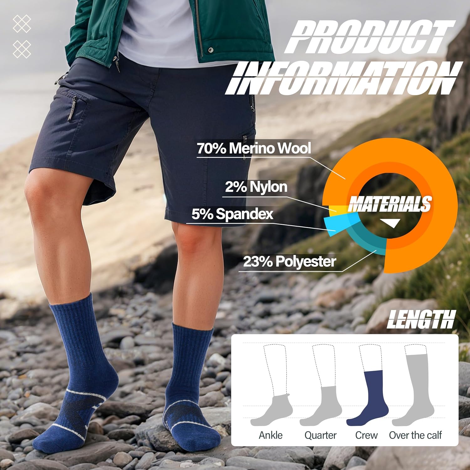 Detalle 1 de ANTSANG Merino Wool Crew Socks for Hiking and Work Boots, 5 Pairs