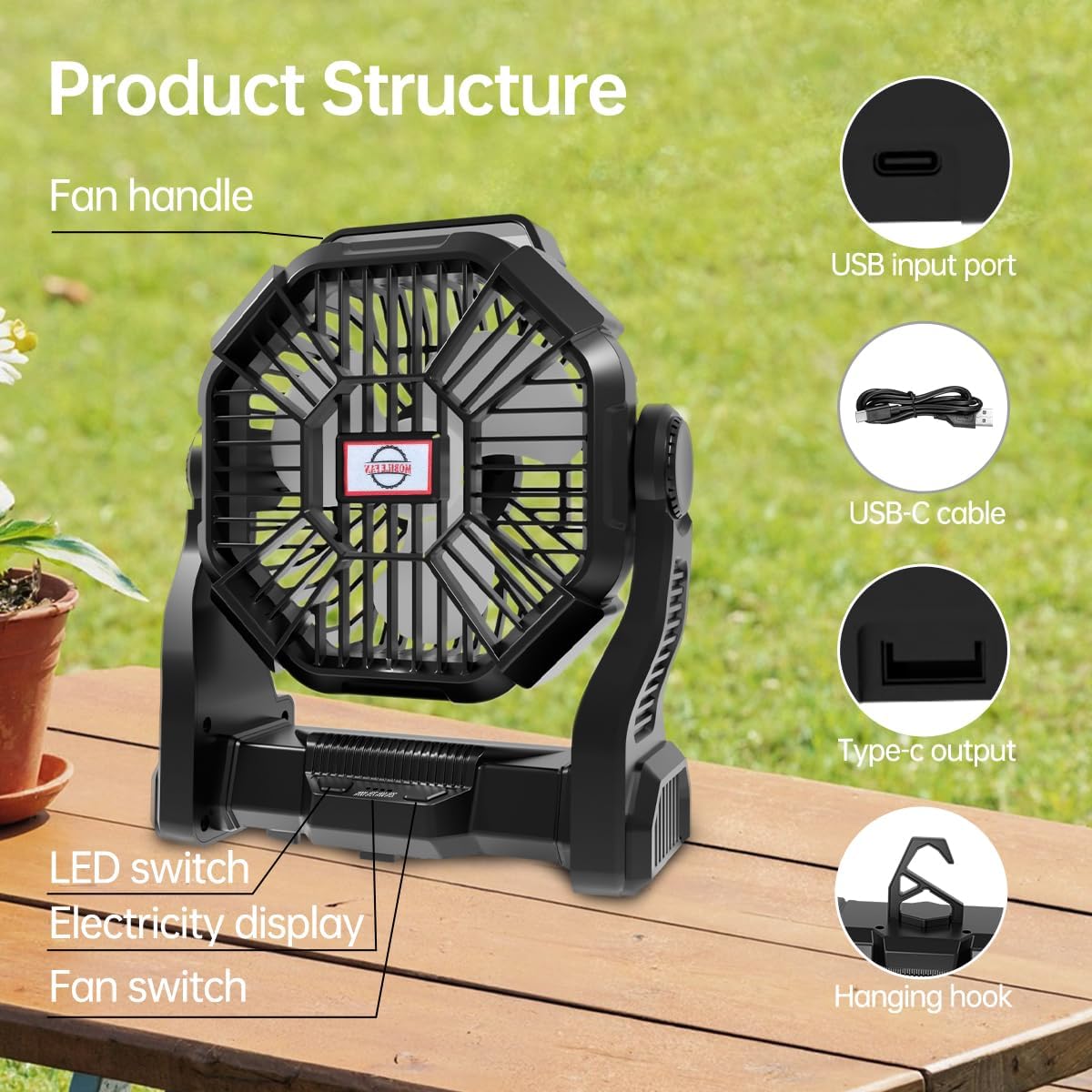 Thumbnail 3 de Eloslos Portable Rechargeable Camping Fan with LED Lantern (10-Inch, 270° Rotation)
