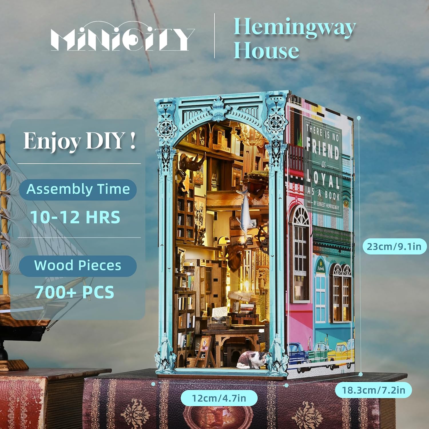 Detalle 2 de MiniCity BNK-EU-1 Book nook-byggsats i trä med LED-belysning
