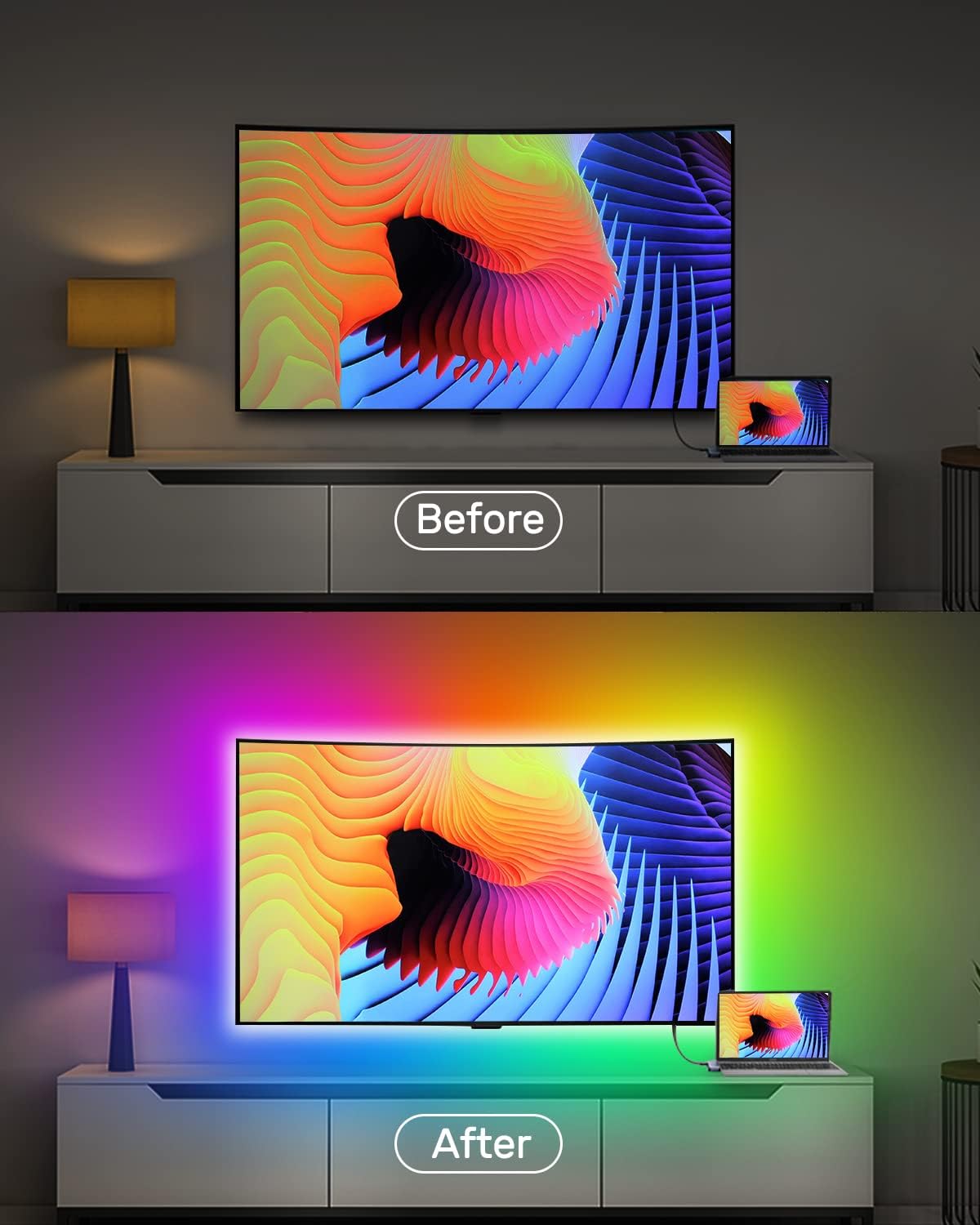 Thumbnail 1 de DAYMEET Retroilluminazione LED 3M USB per TV 32-60 Pollici – Striscia RGBIC con telecomando, Bluetooth e app