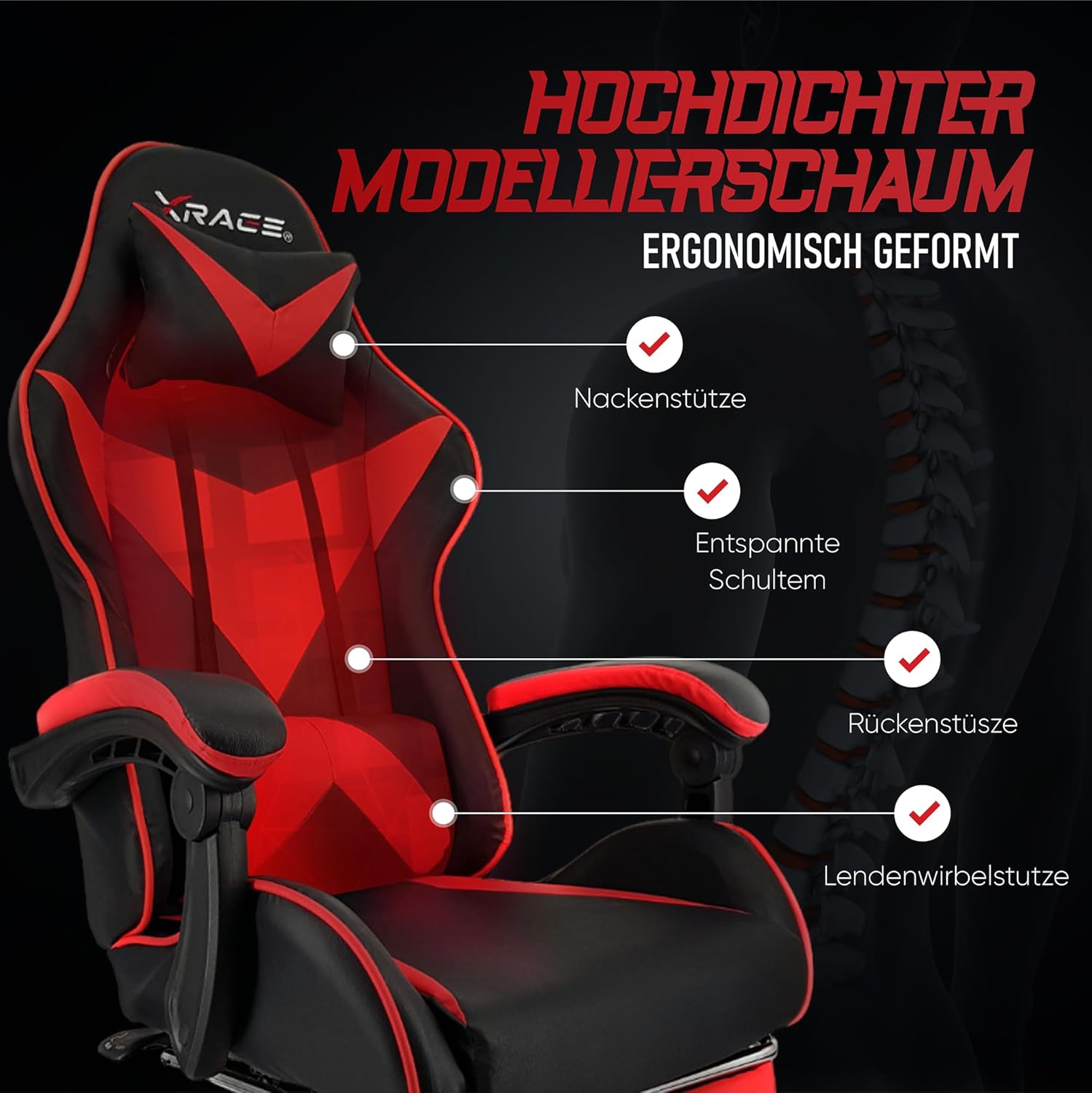 Thumbnail 5 de xRace Gaming Stuhl – Ergonomischer Bürostuhl mit Lendenwirbelstütze, Kopfstütze und Fußstütze in Rot