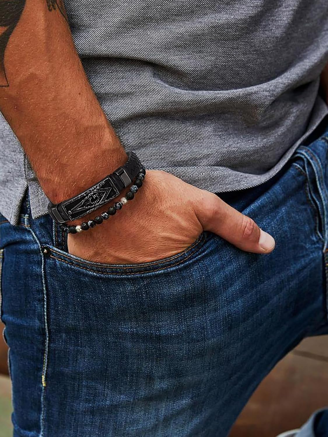 Thumbnail 1 de Bandmax Bracelet Homme Cuir PU Tressé Noir 21/23 cm avec Manchette Marteau