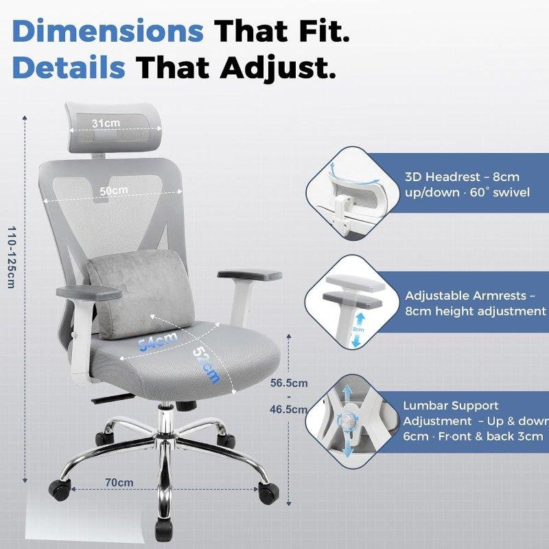 Detalle 2 de Silla Ergonómica GTPLAYER Ajustable 3D (Reposacabezas, Lumbar y Reposabrazos) en gris