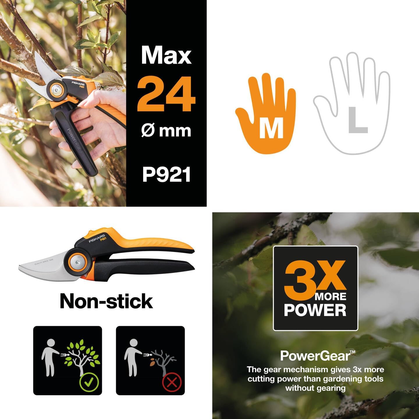 Thumbnail 1 de Fiskars X-series PowerGear Bypass-Gartenschere M P921 – Rollgriff, Antihaftbeschichtung, Ø 2,4 cm