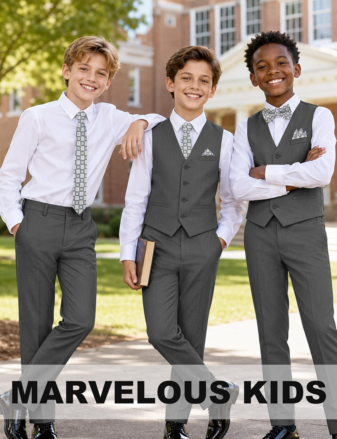 Thumbnail 2 de Marvelous Kids Boys’ 6-Piece Formal Slim Fit Suit Set (Vest, Pants, Shirt, Tie, Pocket Square, Bow Tie)