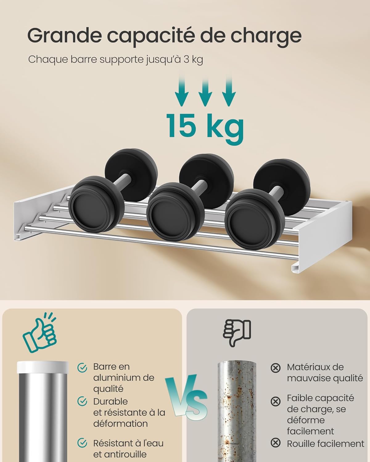 Thumbnail 2 de SONGMICS Étendoir à Linge Mural Rabattable 5 Barres 80 cm – gain de place, aluminium, intérieur et extérieur