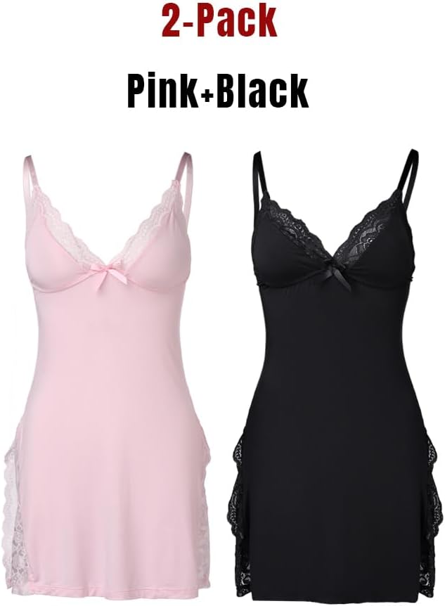 Detalle de CHICME Lace Trim Side Slit Modal Cami Sleep Dress – 2-Pack Loungewear Set for Women