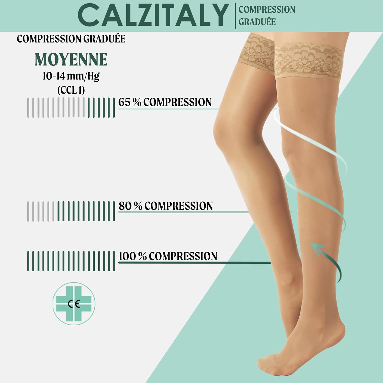Thumbnail 2 de CALZITALY Bas Autofixants de Soutien Médical à Compression Graduée Moyenne 10-14 mmHg (70 DEN) – Noir et Beige