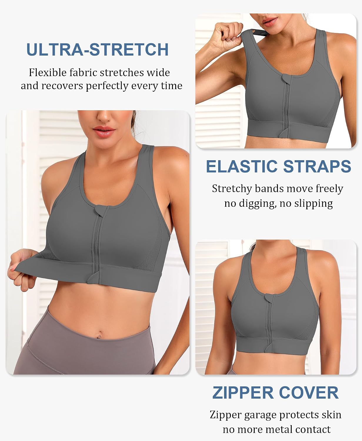 Detalle de JoyGirl High-Impact Sports Bra with Front Zip and Racerback