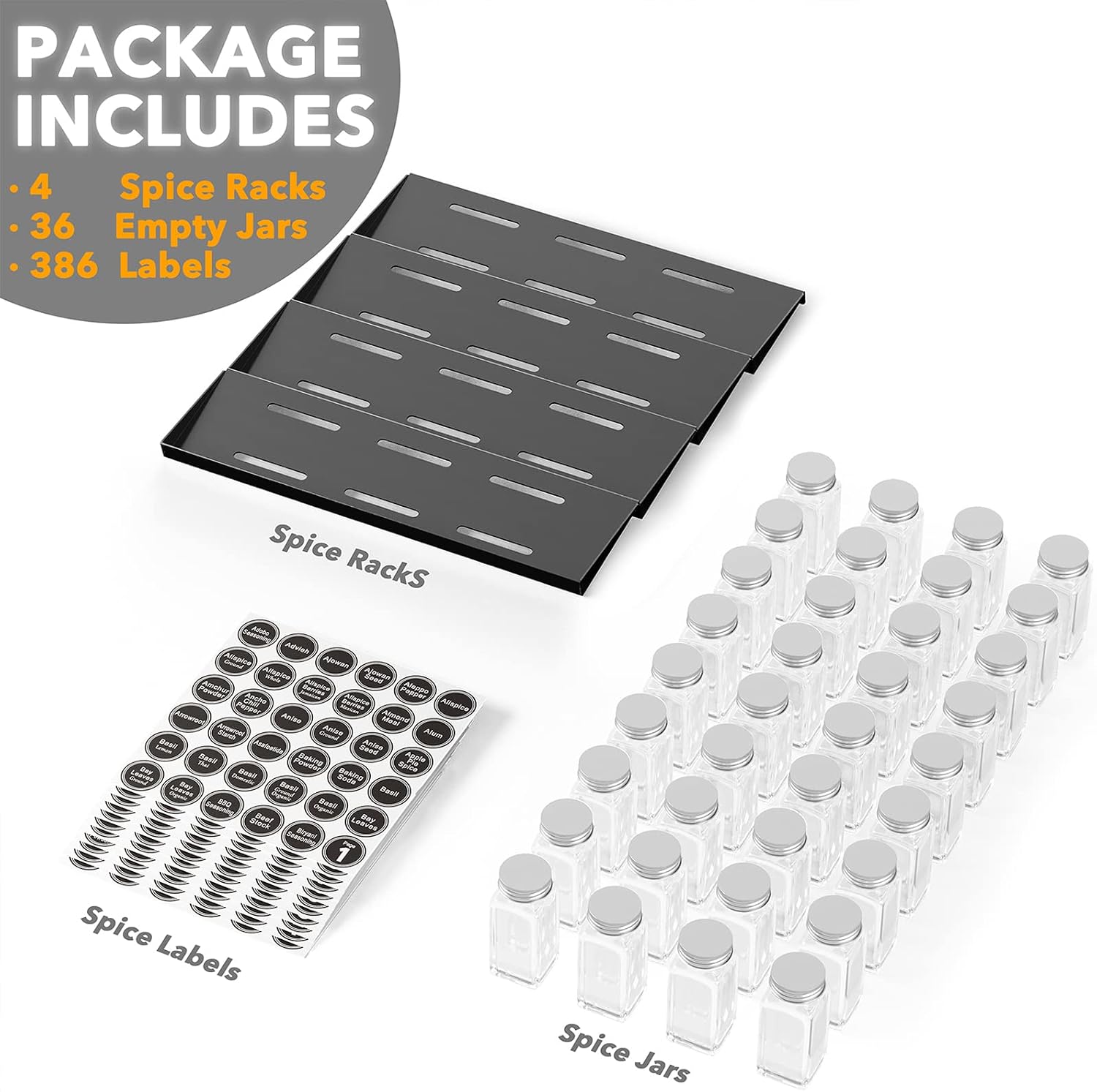 Detalle de SpaceAid Spice Drawer Organizer Set with 36 Glass Spice Jars, 4-Tier Rack & Labels