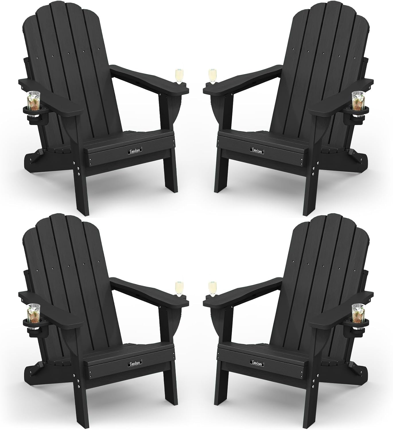 Detalle de Eesdom Folding Adirondack Chairs, Set of 4, Black with 2 Cup Holders
