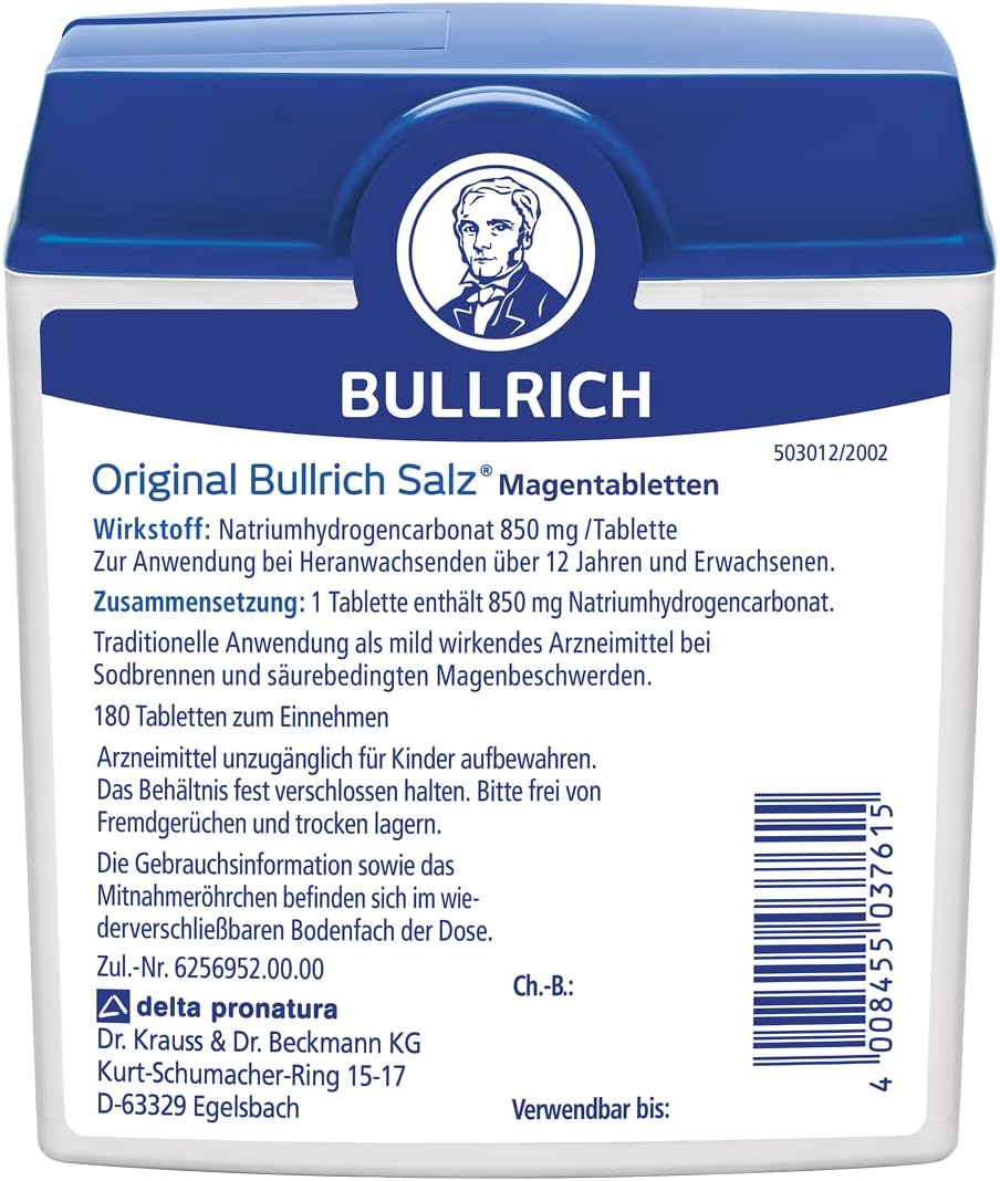 Detalle de Original Bullrich Salz® – Schnelle Hilfe bei Sodbrennen und säurebedingten Magenbeschwerden, vegan, 180 Tabletten (2er Pack)