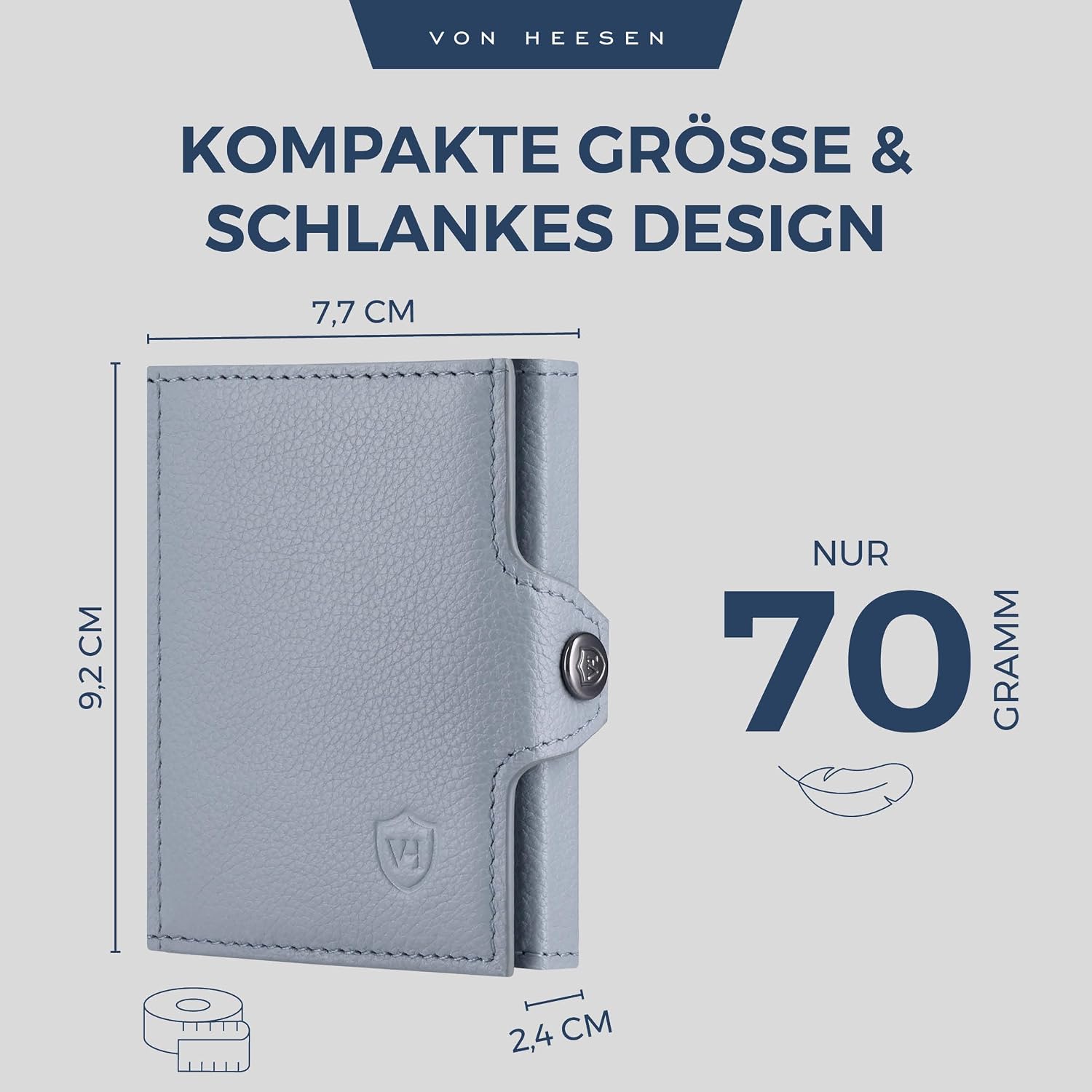 Detalle de VON HEESEN Slim Wallet mit XL Münzfach & RFID-Schutz – Mini Geldbörse aus Nappa-Leder in Hellblau