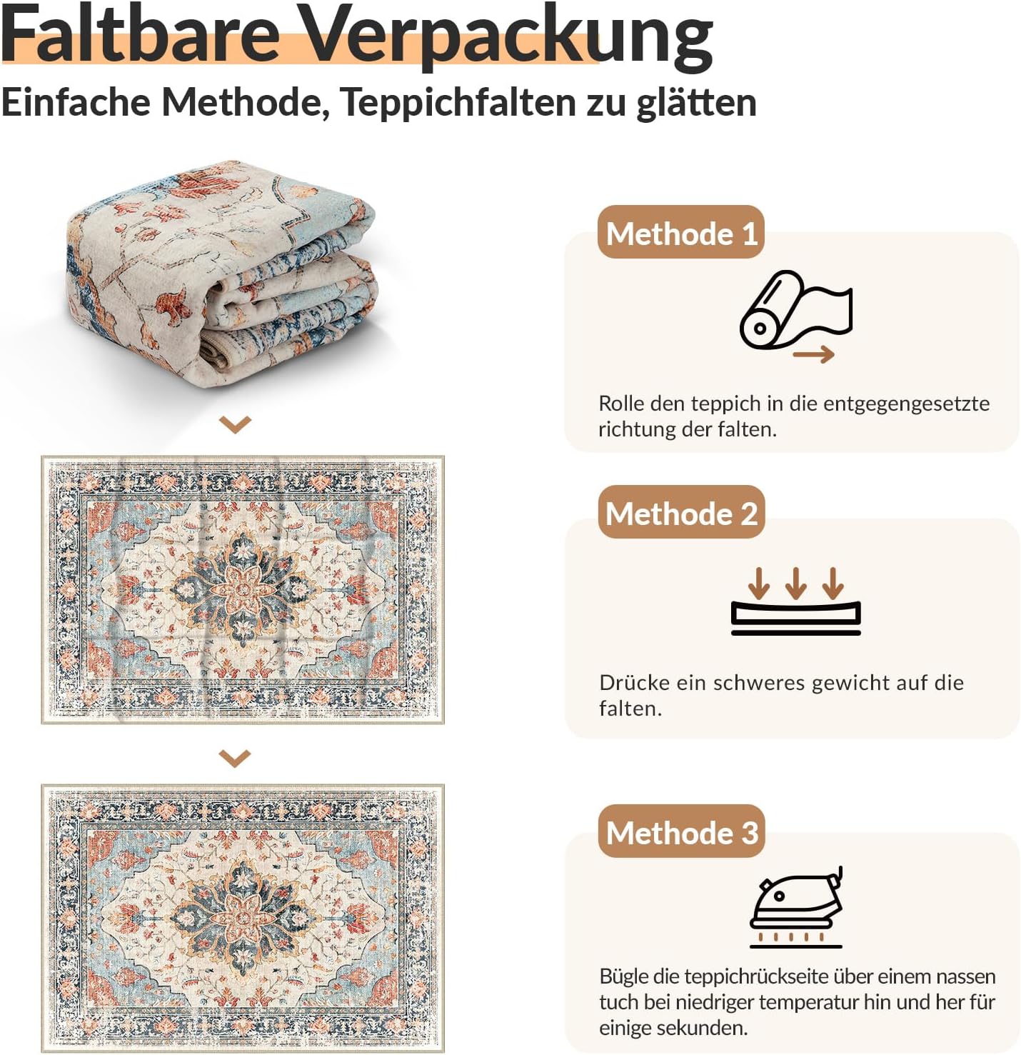 Thumbnail 3 de INOVADAY Vintage Waschbarer Teppich 120x180 cm – Boho Kurzflor, rutschfest & pflegeleicht