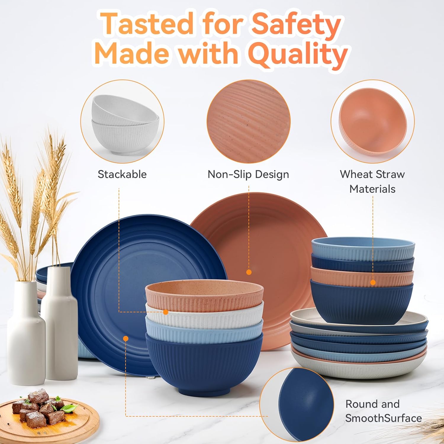 Detalle 2 de Wheat Straw Dinnerware Sets, 64-Piece Unbreakable BPA-Free Plastic Kitchen Set for 8