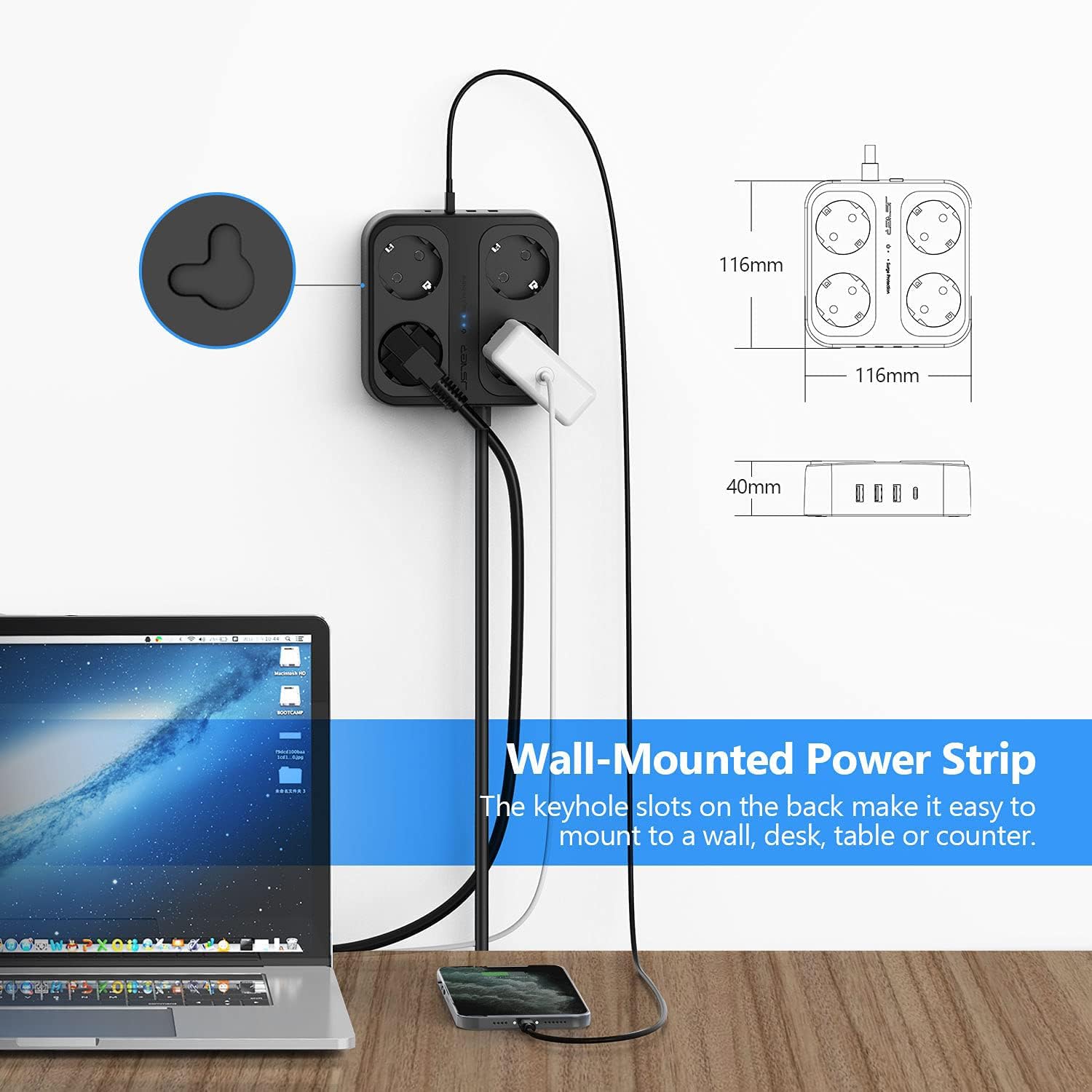 Detalle de JSVER 8-in-1 Steckdosenleiste mit 4 Fach, 3× USB-A + 1× USB-C, Schalter und Überspannungsschutz (1,8 m) – Schwarz