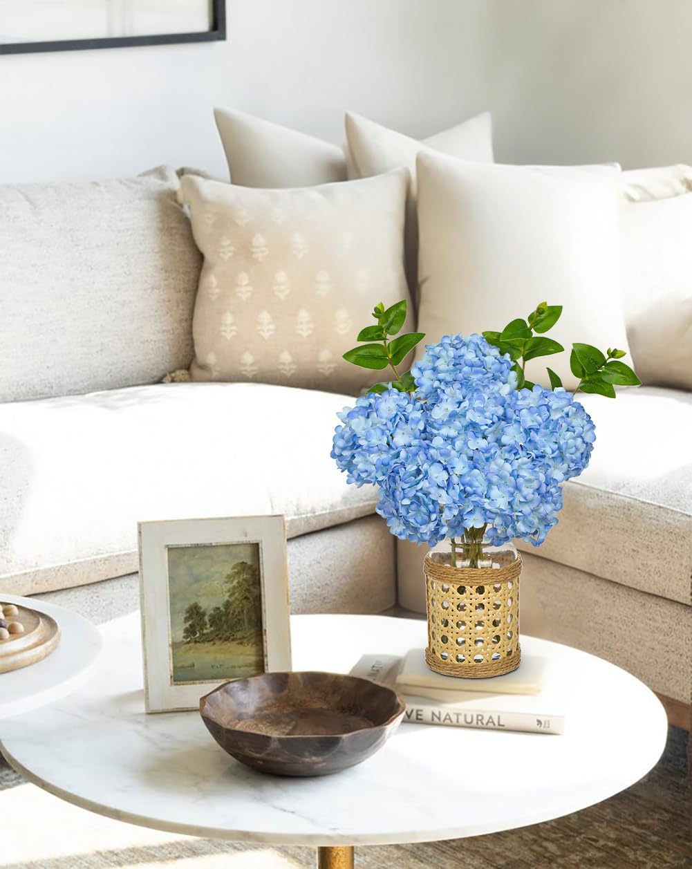 Thumbnail 2 de Oairse Artificial Hydrangea Flowers in Glass Vase with Rattan Cover, 32 cm – Blue Silk Florals for Home & Office Decor