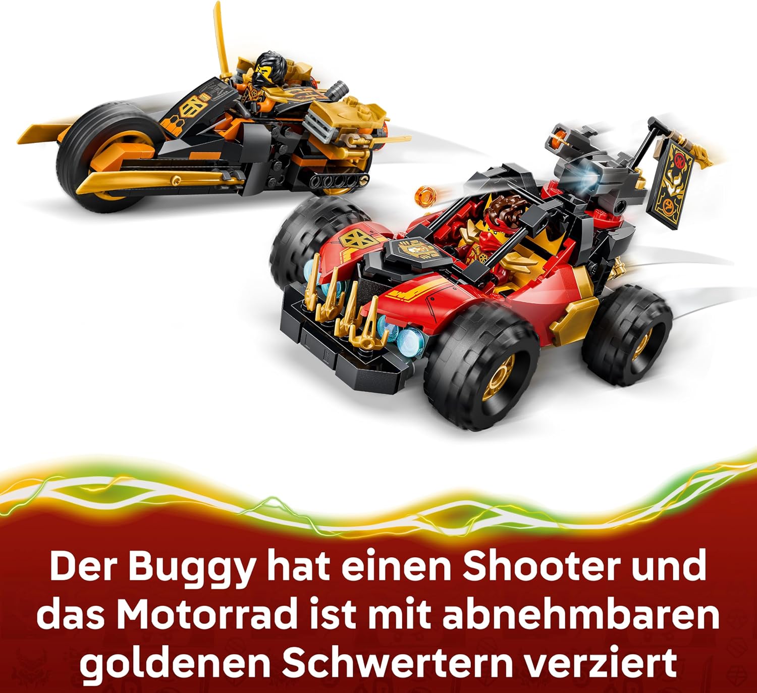 Detalle de LEGO NINJAGO Kais und Coles Kombi-Flitzer (71864) – Ninja Spielset mit zwei Fahrzeugen, drei Minifiguren inkl. Kai & Cole