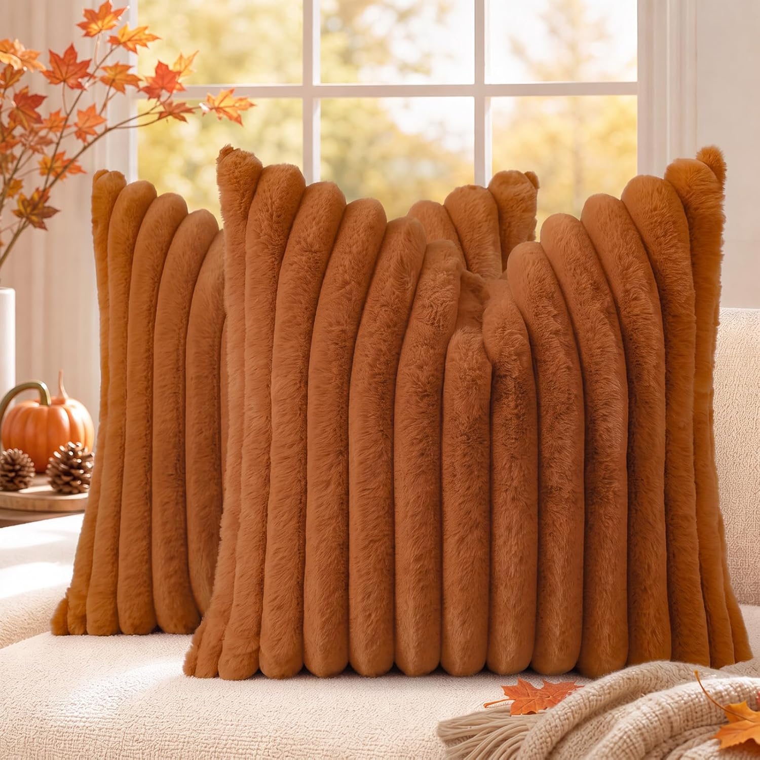 decorUhome Fall Faux Fur Throw Pillow Covers, 24 x 24-Inch Set of 2, Light Rust