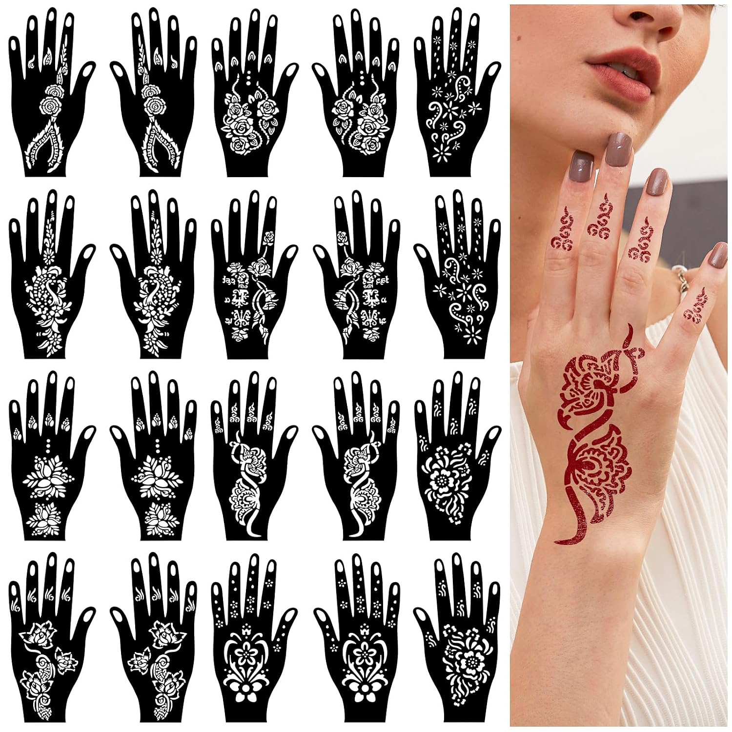 Detalle de RAZET 20 Blatt Henna Tattoo Schablonen Set – Selbstklebende Mehndi-Vorlagen für Handflächen & Finger
