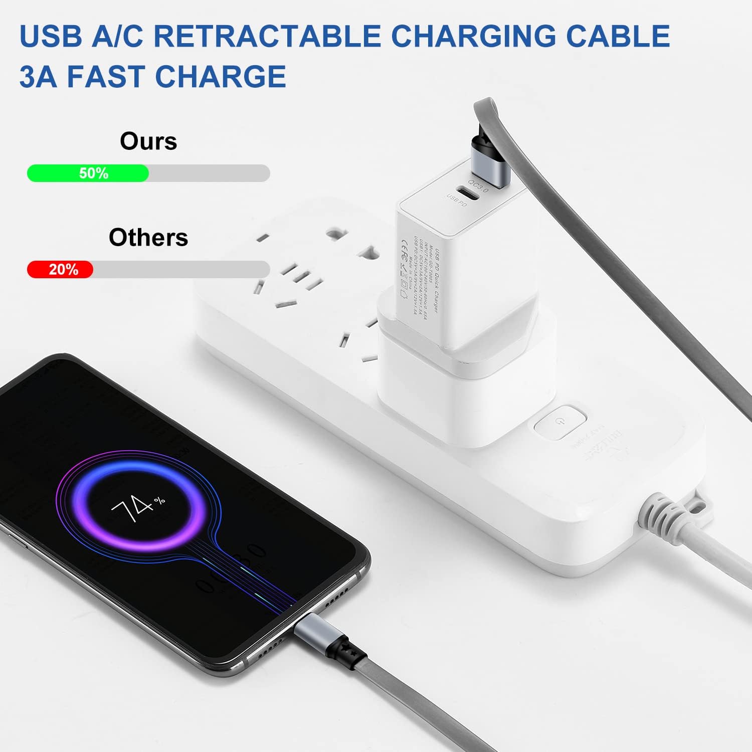 Thumbnail 2 de SDBAUX USB-C Kabel 1 m mit Quick Charge 3.0 (3 A) – einziehbares USB-A auf USB-C Ladekabel & Datenkabel