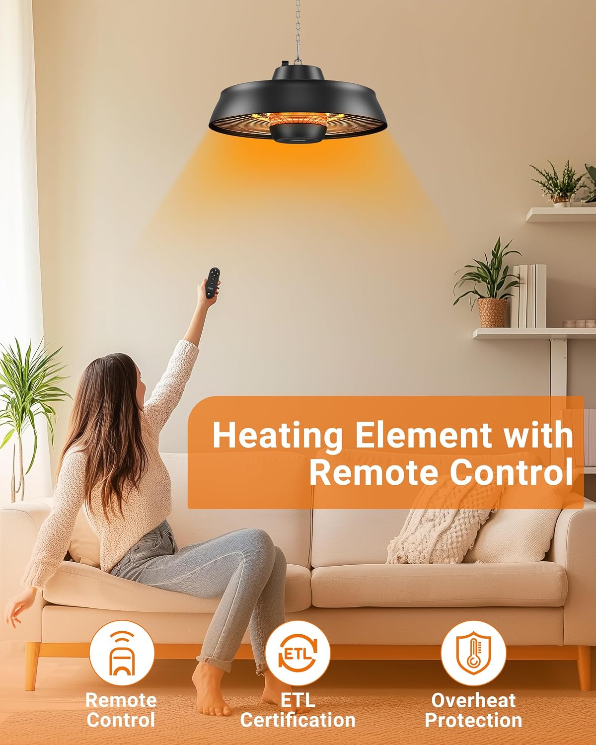 Detalle de pasapair TSH-RH2 1500W Carbon Infrared Hanging Heater with Remote