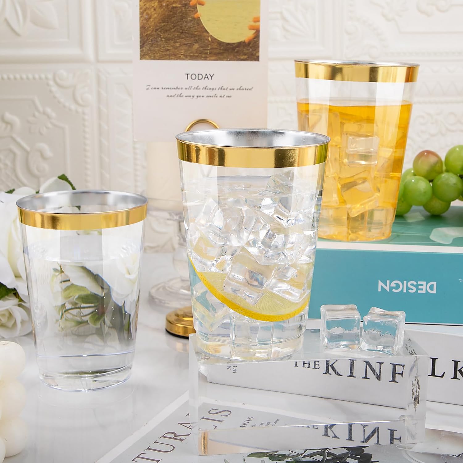 Detalle de I00000 200 Pack 12 oz Gold Plastic Cups with Gold Rim – Clear Disposable Cocktail Cups