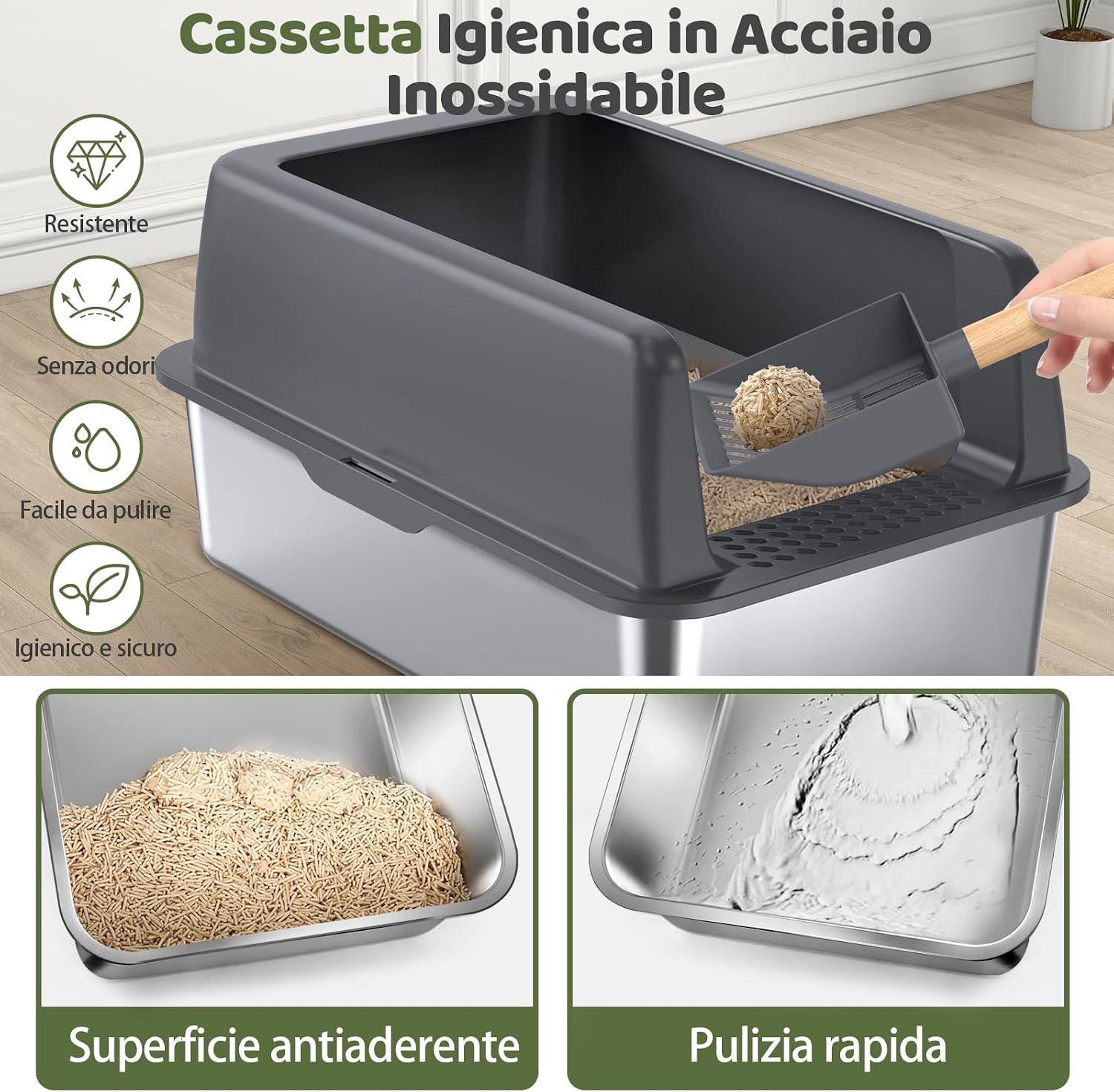 Detalle 2 de Gimars Lettiera acciaio inox 60x40 cm 🐾
