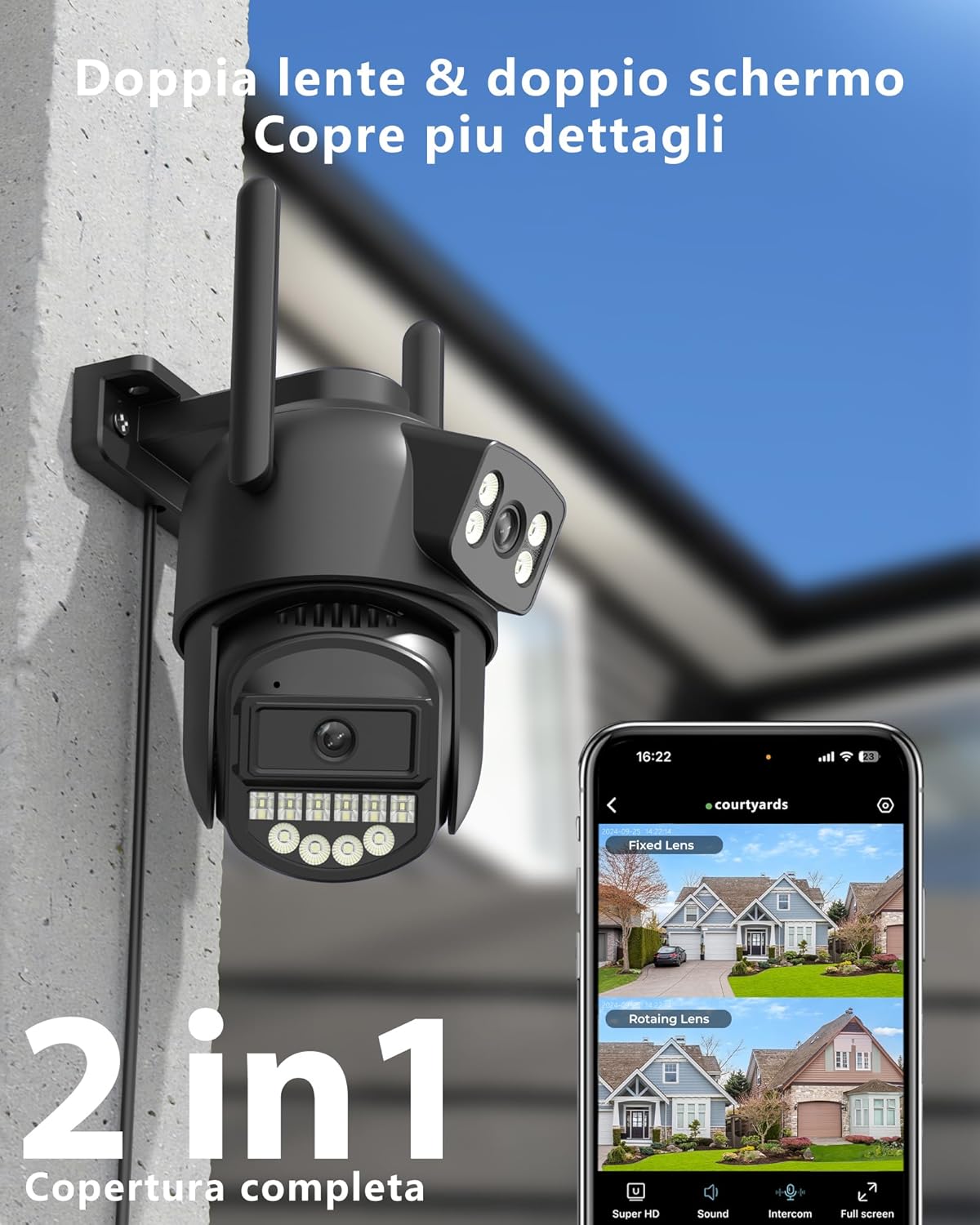 Thumbnail 1 de Reobiux Telecamera Wi‑Fi Esterno con Doppio Obiettivo PTZ 360° – 2.5K, Visione Notturna e Audio Bidirezionale