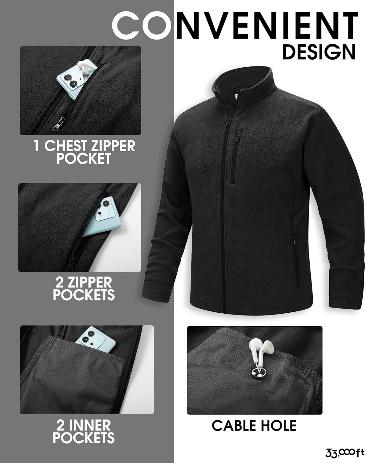 Detalle 2 de 33,000ft mens fleece jacket 2-way warm