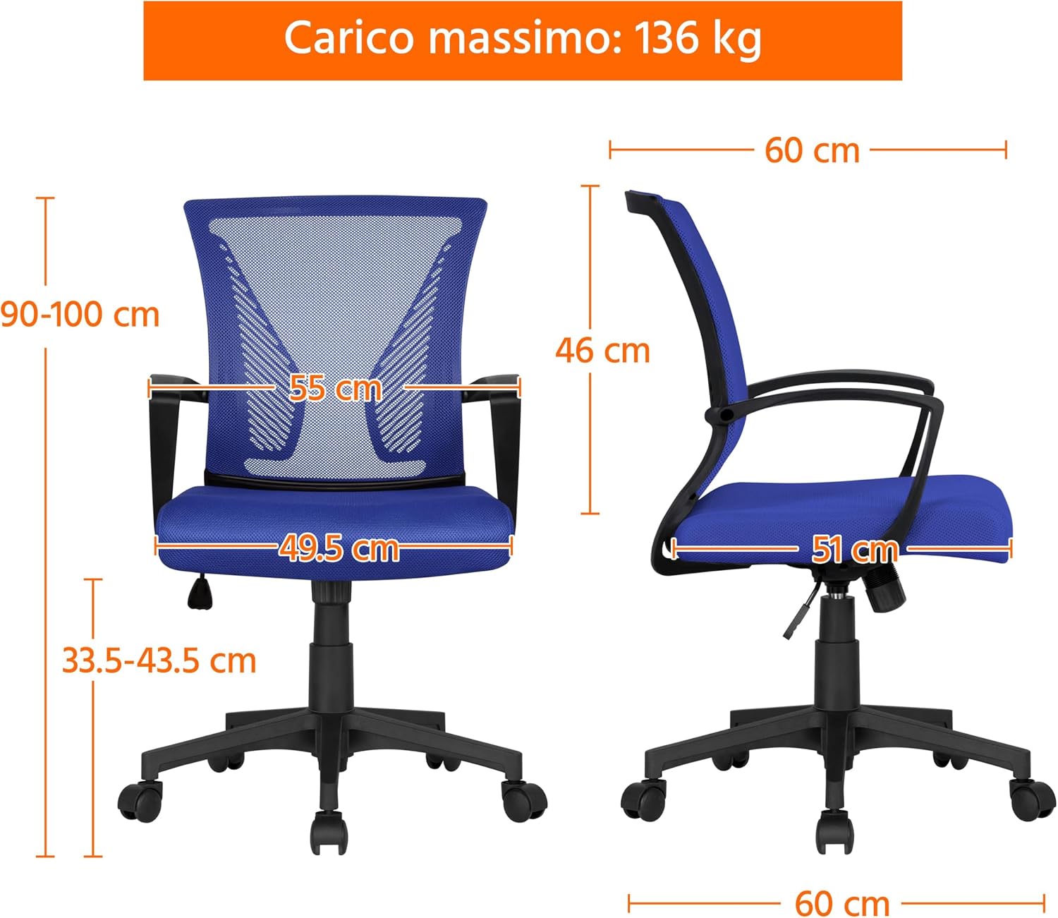 Detalle de Yaheetech sedia da scrivania regolabile con braccioli, reclinabile e in rete traspirante (portata 136 kg)
