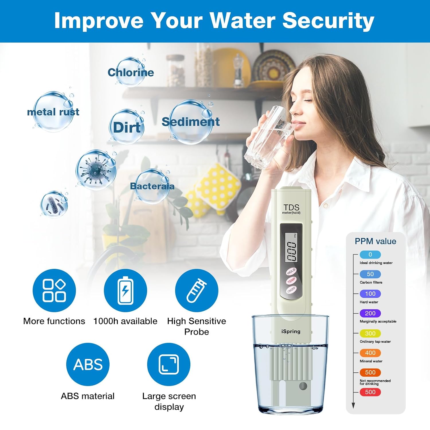 Detalle 1 de iSpring TDS-3 digitale waterkwaliteitsmeter met temperatuurmeting en holdknop