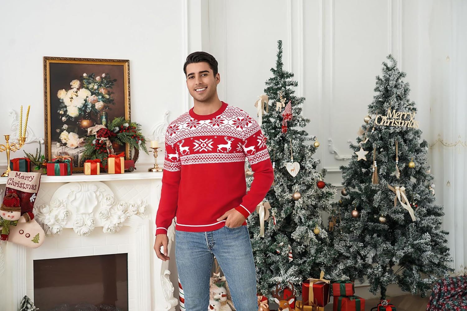 Thumbnail 6 de Jahetuul Pull de Noël homme à col rond : renne et flocon, manches longues