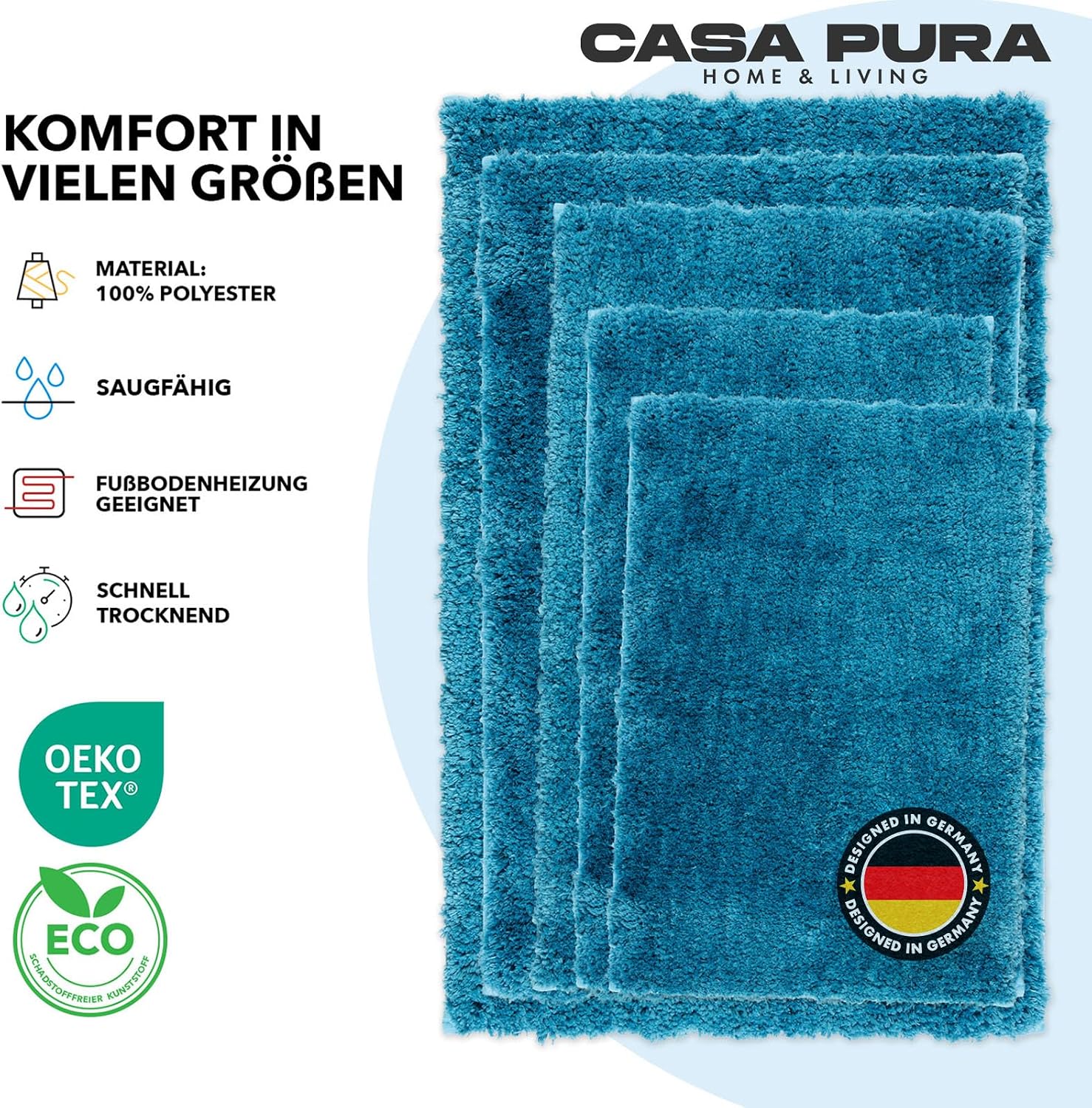 Detalle de casa pura Badematte „Sky Soft“ türkis – weiche, rutschfeste Shaggy-Badvorleger, waschbar