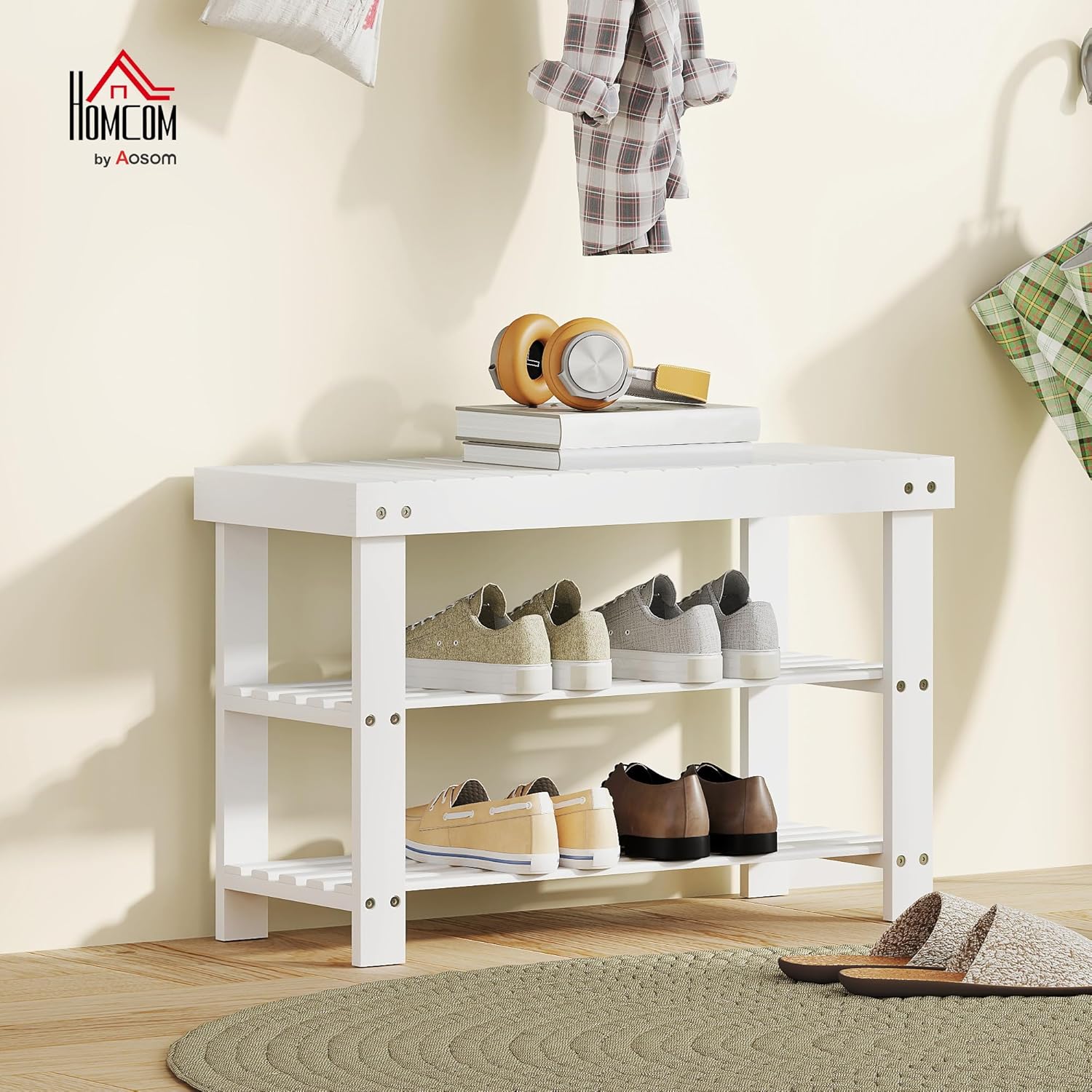 Thumbnail 1 de Banc à chaussures HOMCOM en bambou 3 niveaux — design scandinave, blanc, 70 × 28 × 45 cm