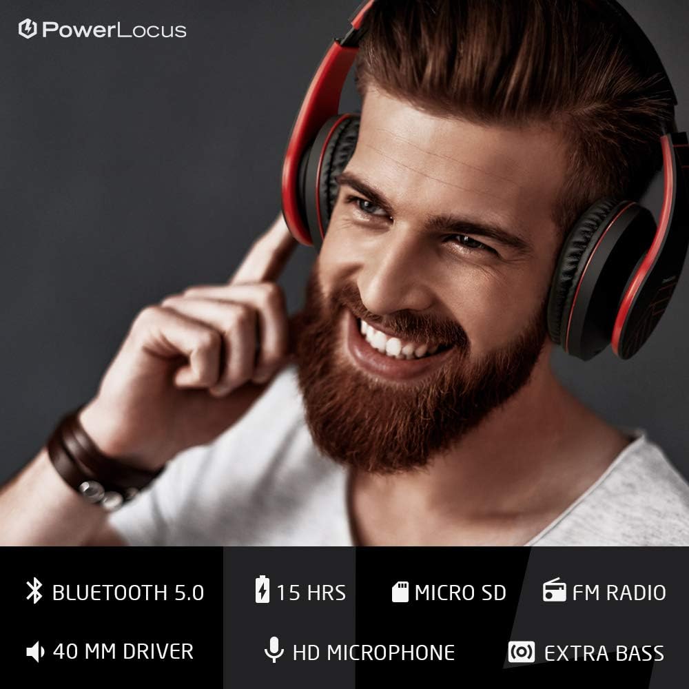 Detalle de PowerLocus Bluetooth Over-Ear Headphones (Black/Red) with Mic, Foldable Design & MicroSD/TF
