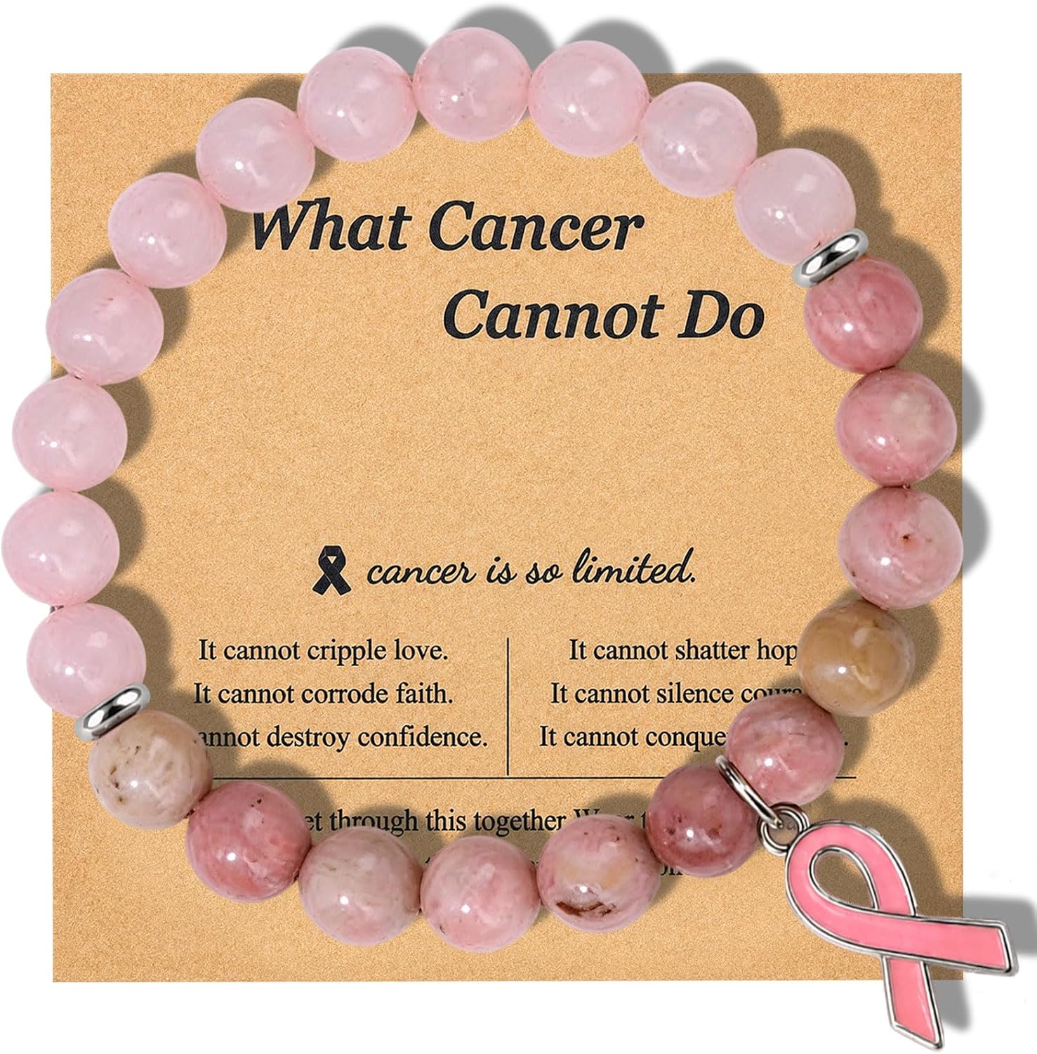 Detalle de Pink Ribbon Bracelet with Natural Stone Beads