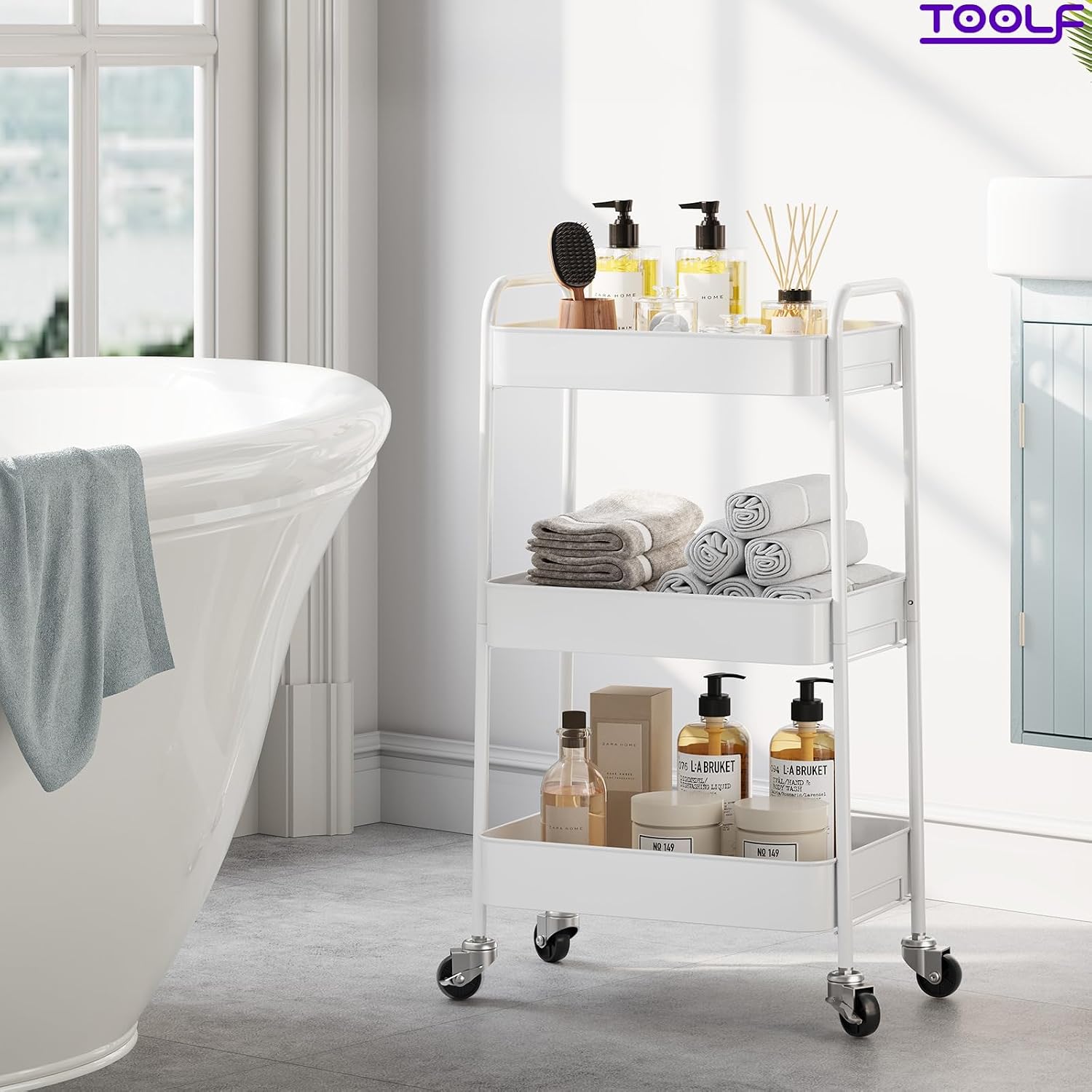 Thumbnail 5 de TOOLF WK131218 3-Tier Metal Rolling Cart, White, Tool-Free Assembly